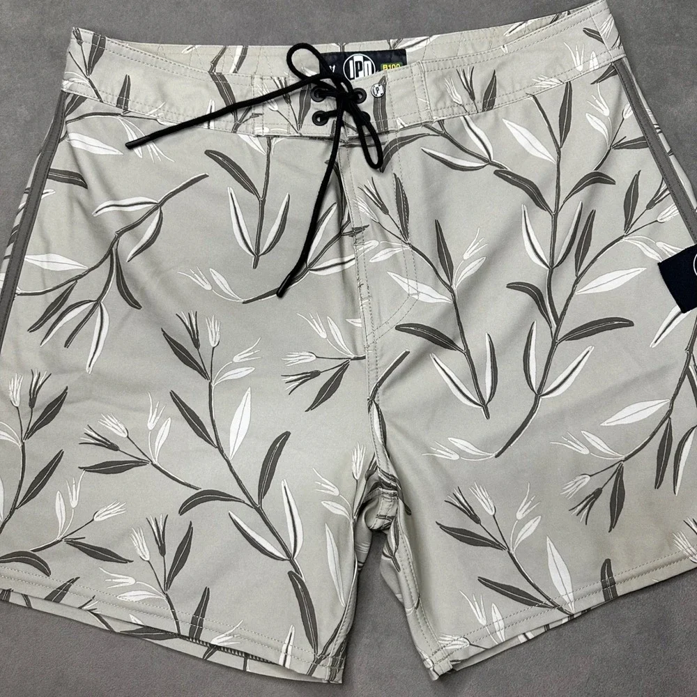 IPD Board Shorts Men 31 Sage Green Botanical Leaf Print B100 Fit Excellent